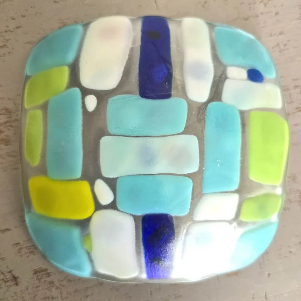 Studio Fused Art Glass Slumped Dish Geometric Mosaic Trinket Catchall 6